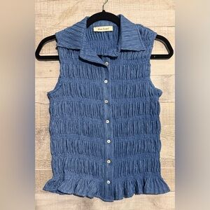 Blue Sleeveless Button-Up Top